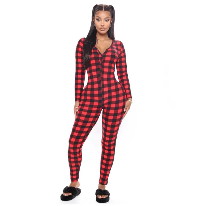 Top Trends: Women's Romper Christmas Rompers Womens Jumpsuit Plaid Jumpsuit Elastic Casual Long Sleeve V-Neck Buttons Sleepwear Homewear Shoppable Styles