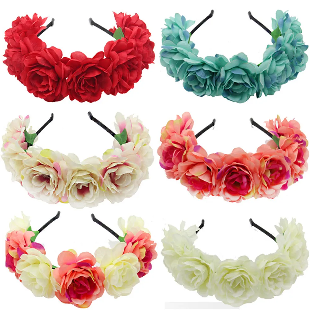 Top Trends: New Fashion Women Bride Flowers Headband Mexican Style Rose Flower Crown Hairband Ladies Elastic Hair Head Hoop Hair Accessories Shoppable Styles