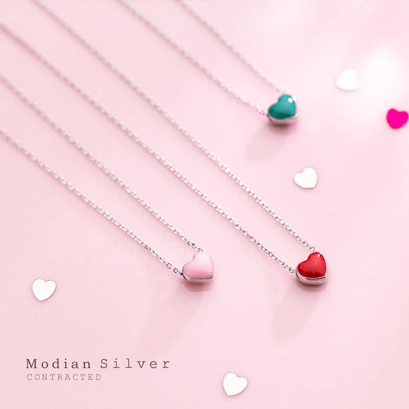 Top Trends: Modian Real 925 Sterling Silver Red Pink Green Enamel Hearts Pendant Necklace For Women Statement Fine Silver Jewelry Collar Shoppable Styles