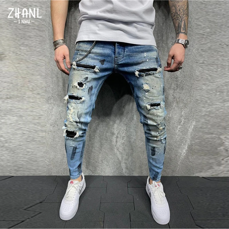 Top Trends: 2021 Men Clothing Street Fashion Jeans Skinny Slim Fit Ripped Stretch Jeans Man Hole Patchwork Casual Jogging Denim Pencil Pants Shoppable Styles