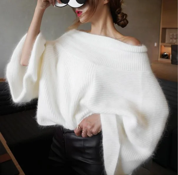 Top Trends: 2022 Sexy Off Shoulder Knitted Sweater Women Solid Loose Flare Sleeve Pullover Jumpers Female Mink Cashmere Sweater Poncho Shoppable Styles