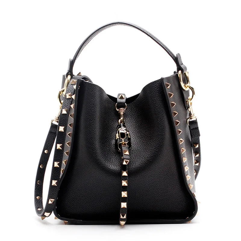 Top Trends: Women Luxury Handbag 2019 Genuine Leather Famous Brand Rivet Crossbody Bags Female Tote Designer Shoulder Bags Casual Tote Shoppable Styles