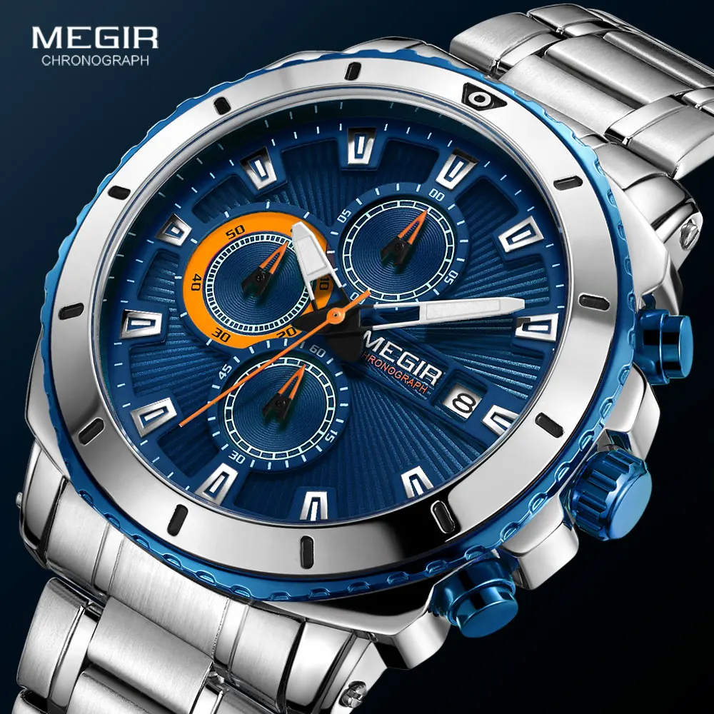 Top Trends: MEGIR Men's Blue Dial Chronograph Quartz Watches Fashion Stainless Steel Analogue Wristwatches For Man Luminous Hands 2075G-2 Shoppable Styles