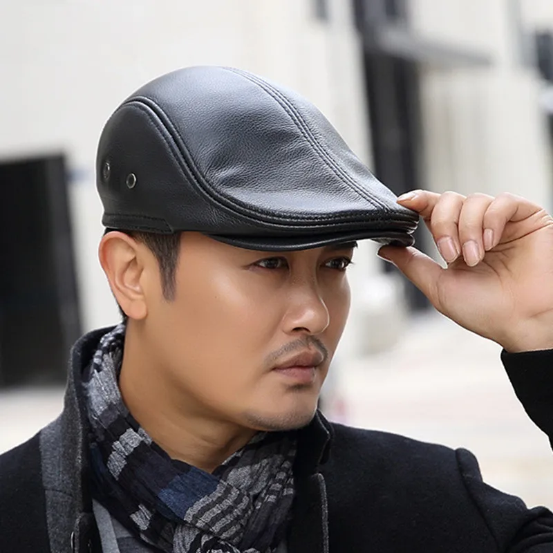 Top Trends: XdanqinX Natural Cowhide Leather Hat Men's Genuine Leather Berets Fashion Brand Caps Winter Warm Men Leather Cap Earmuffs Hats Shoppable Styles - Image 6