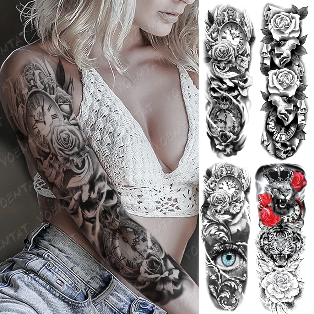 Top Trends: Large Arm Sleeve Tattoo Clocks Rose Eye Lion Waterproof Temporary Tattoo Sticker Flower Time Body Art Full Fake Tatoo Women Men Shoppable Styles