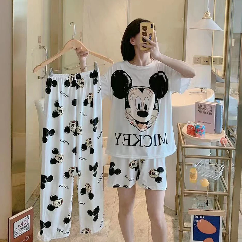 Top Trends: Disney Mickey White Women's Spring Summer Pajamas Set Three-piece Short Sleeve + Shorts + Trousers Soft And Comfortable Homewear Shoppable Styles