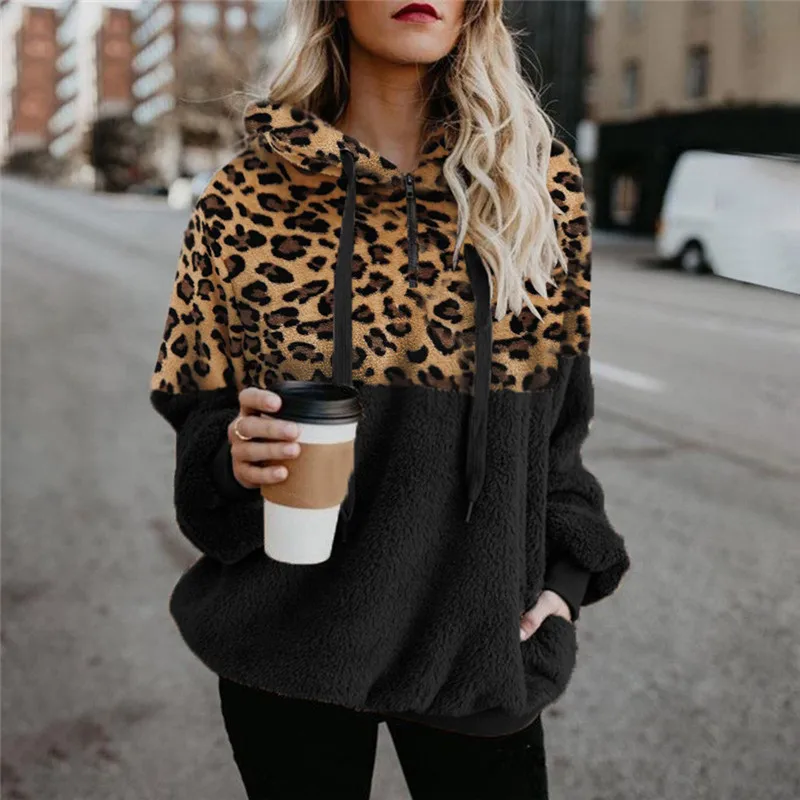 Top Trends: Casual Loose Plush Leopard Patchwork Hoodies Women Zipper Tops Long Sleeve Drawstring Hooded Warm Sweatshirt With Pockets Autumn Shoppable Styles