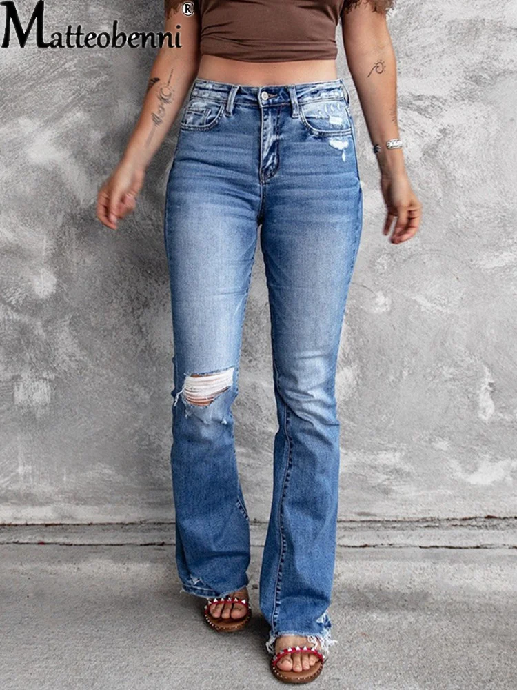 Top Trends: Women Holes Ripped Tassel Flare Jeans Hollow Out Sexy High Waist Denim Trousers Ladies Vintage Stretch Slim Jeans Wide Leg Pants Shoppable Styles