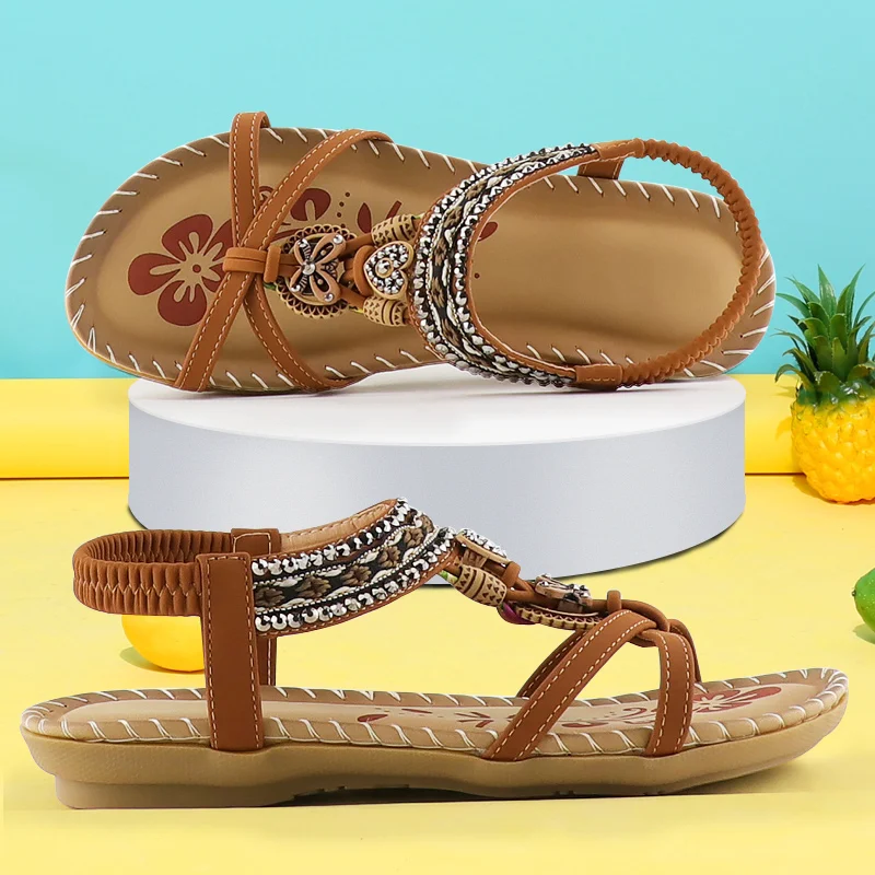 Top Trends: Rhinestone Sandals Ladies 2024 Retro Elastic Band Flat Summer Shoes Woman Soft Gladiator Sandals Bohemian Print Walking Luxury Shoppable Styles