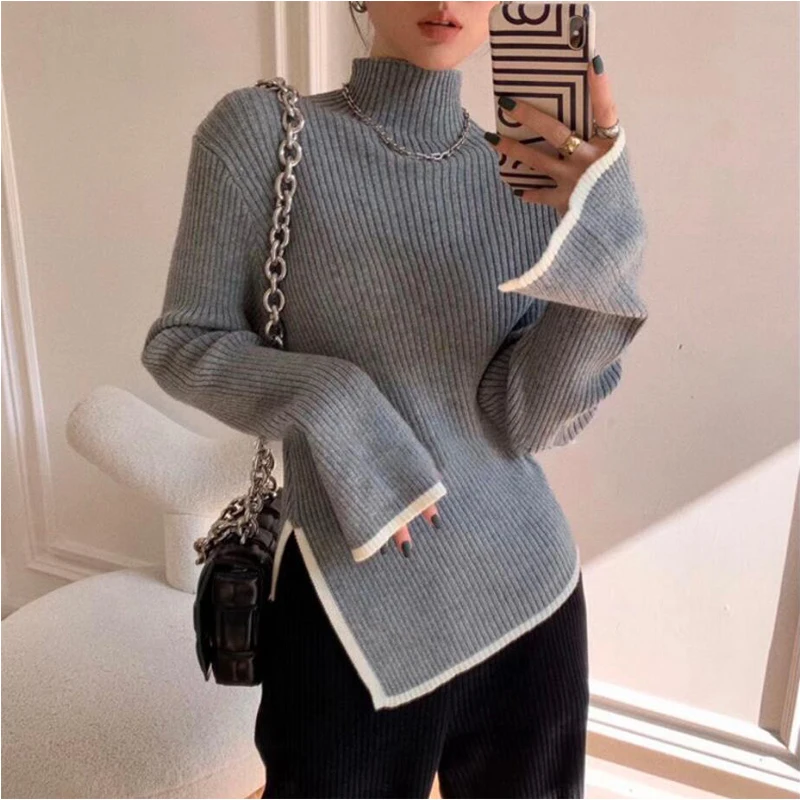 Top Trends: Turtleneck Women Sweater 2021 Autumn Winter New Casual Side Slit Pullover Tops Korean Fashion Knit Sweaters Long Sleeve Basic Shoppable Styles