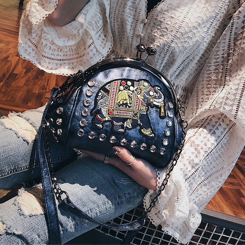 Top Trends: Embroidery Elephant Bag Lock Shell Bags PU Leather Chain Women Shoulder Crossbody Bag 48 Pcs Insert Diamonds Women's Handbags Shoppable Styles - Image 3