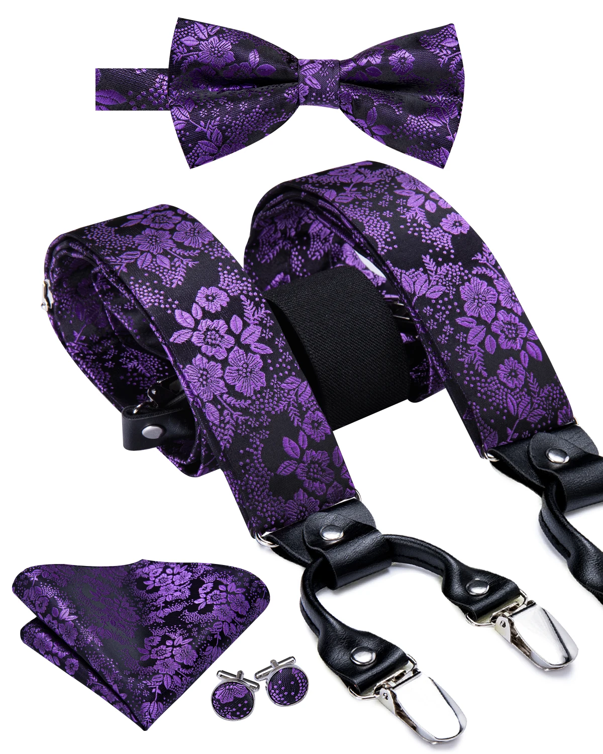 Top Trends: Hi-Tie Silk Adult Men's Bow Tie And Suspenders Set Leather Metal 6 Clips Braces Purple Floral Elastic Wedding Suspender SET Shoppable Styles - Image 2