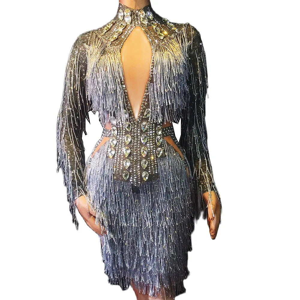 Top Trends: Sparkling Rhinestone Crystal Grey Fringes Women Bodycon Evening Dresses Bling Dress Nightclub Party Show Performance Stage Wear Shoppable Styles