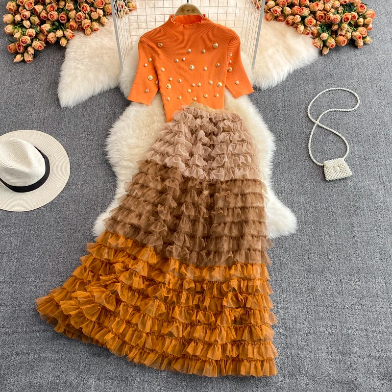 Top Trends: Autumn Winter Christmas Two Piece Knitted Sets Beading Stand Collar Short Sleeve Top + Ball Gown Skirt Woman Sets Suits M69521 Shoppable Styles