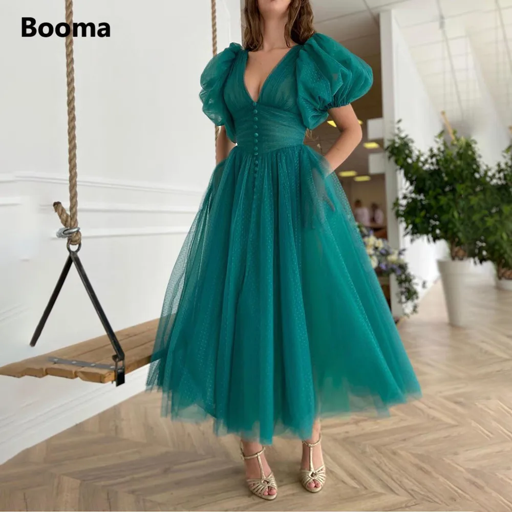 Top Trends: Teal Green V-Neck Dotted Tulle Prom Dresses Puff Sleeves Ruched A-Line Wedding Party Dresses Buttoned Top Tea-Length Prom Gowns Shoppable Styles