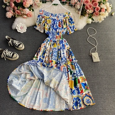 Top Trends: Banulin 2023 Women Summer Bohemian Porcelain Printed Flower Dress Off Shoulder Puff Sleeve Elastic Waist Runway Midi Dress B7218 Shoppable Styles