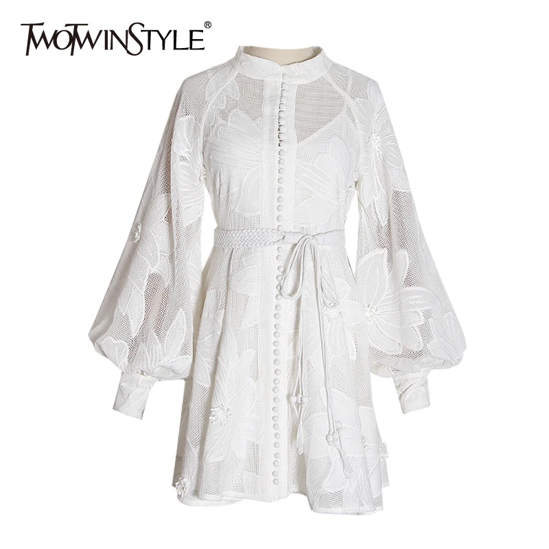 Top Trends: TWOTWINSTYLE Elegant Spring Dress For Women Stand Collar Long Sleeve High Waist White Mini Dresses Female Fashion New Clothing Shoppable Styles