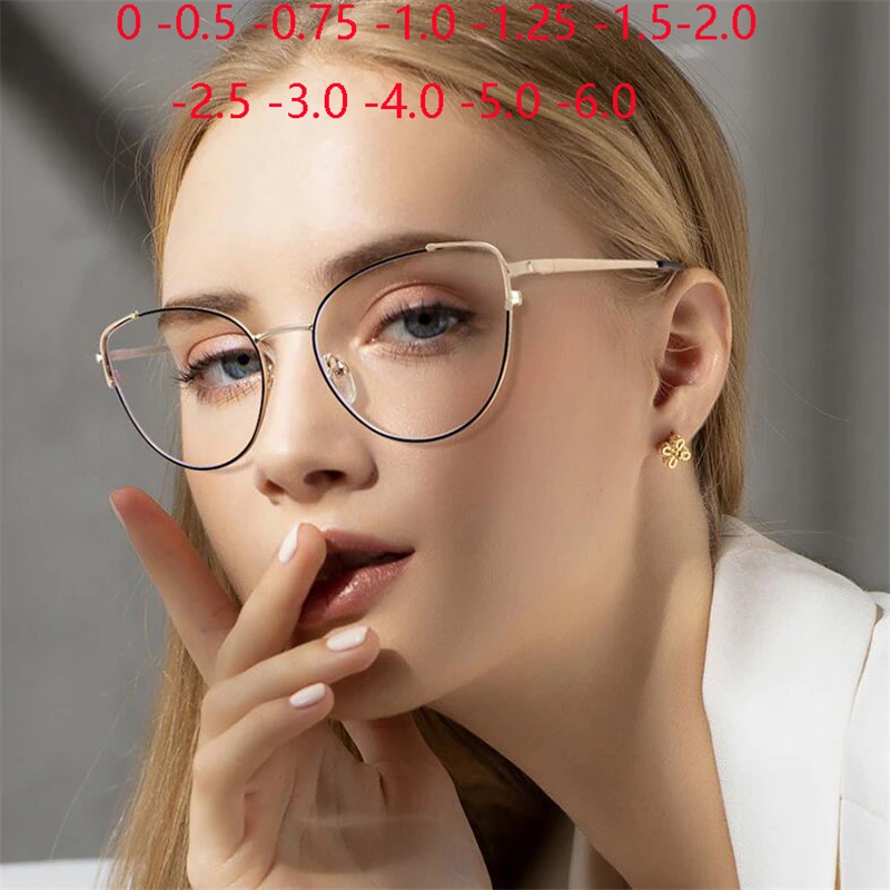 Top Trends: Anti Blue Rays Spring Leg Cat Eye Minus Lens Prescription Spectacles Frame Women Metal Short-sight Eyewear 0 -0.5 -0.75 To -6.0 Shoppable Styles