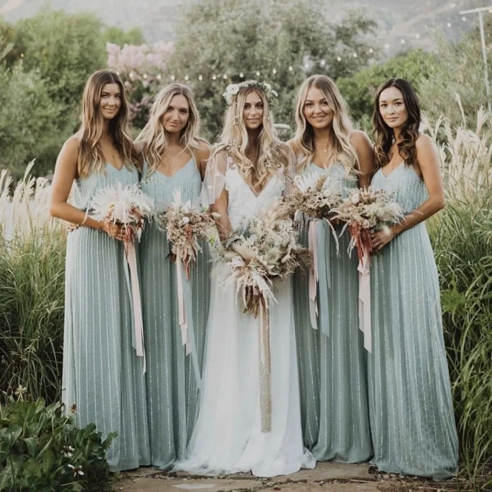 Top Trends: Mint Green Bridesmaid Dress A-Line Spaghetti Straps V-Neck Backless Sleeveless Draped Floor Length Wedding Party Gowns 2023 Shoppable Styles