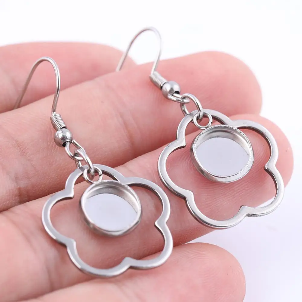 Top Trends: 10pcs Stainless Steel Dangle Earring Blanks With Flower Charms 8m Cameo Cabochon Base Settings Diy Ear Hooks Supplies Shoppable Styles