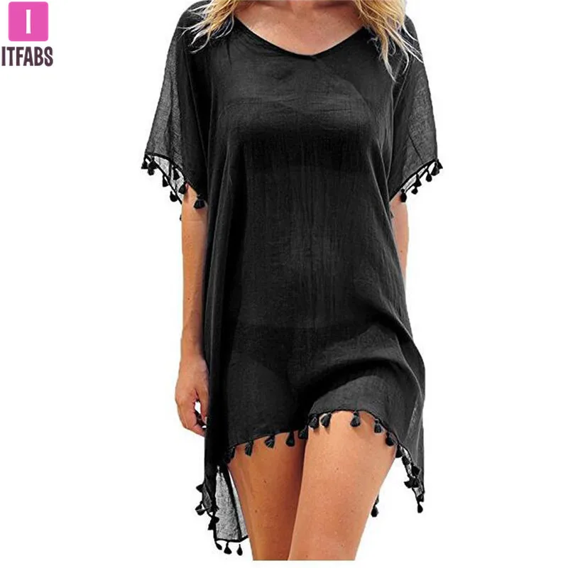 Top Trends: 2021 Chiffon Tassels Beach Wear Women Swimsuit Cover Up Swimwear Bathing Suits Summer Mini Dress Loose Solid Pareo Cover Ups Shoppable Styles