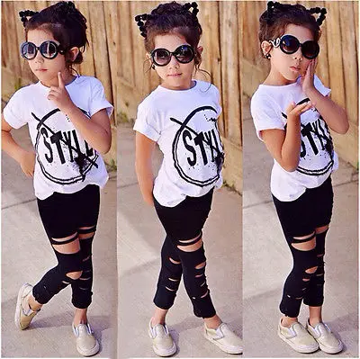 Top Trends: 2020 Kids Girls Clothes Set Baby Girl Summer Short Sleeve Print T-Shirt + Hole Pant Leggings 2PCS Outfit Children Clothing Set Shoppable Styles