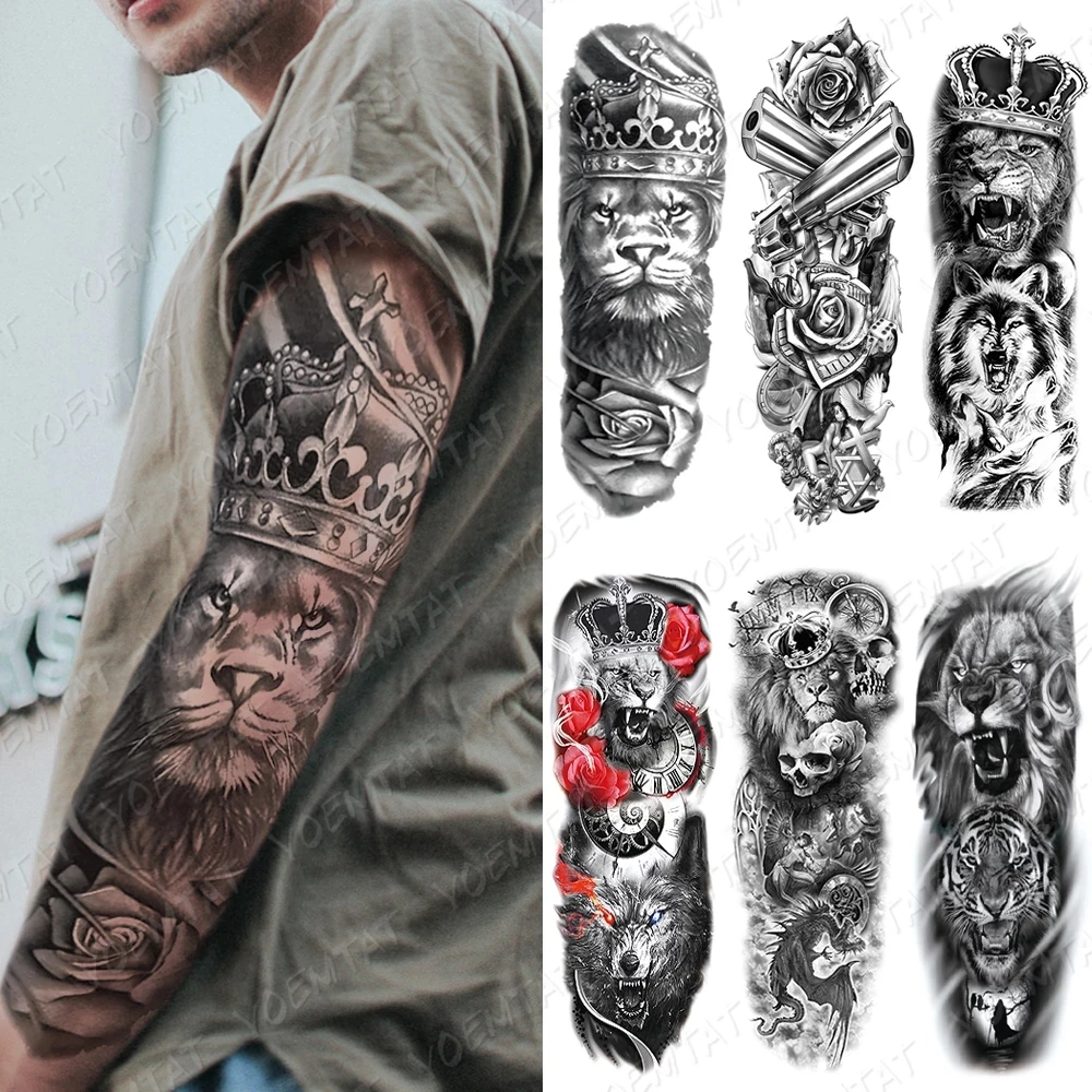 Top Trends: Large Arm Sleeve Waterproof Temporary Tattoo Sticker Lion Wolf Tiger Crown King Rose Skull Animal Tattoos Totem Men Full Tatto Shoppable Styles