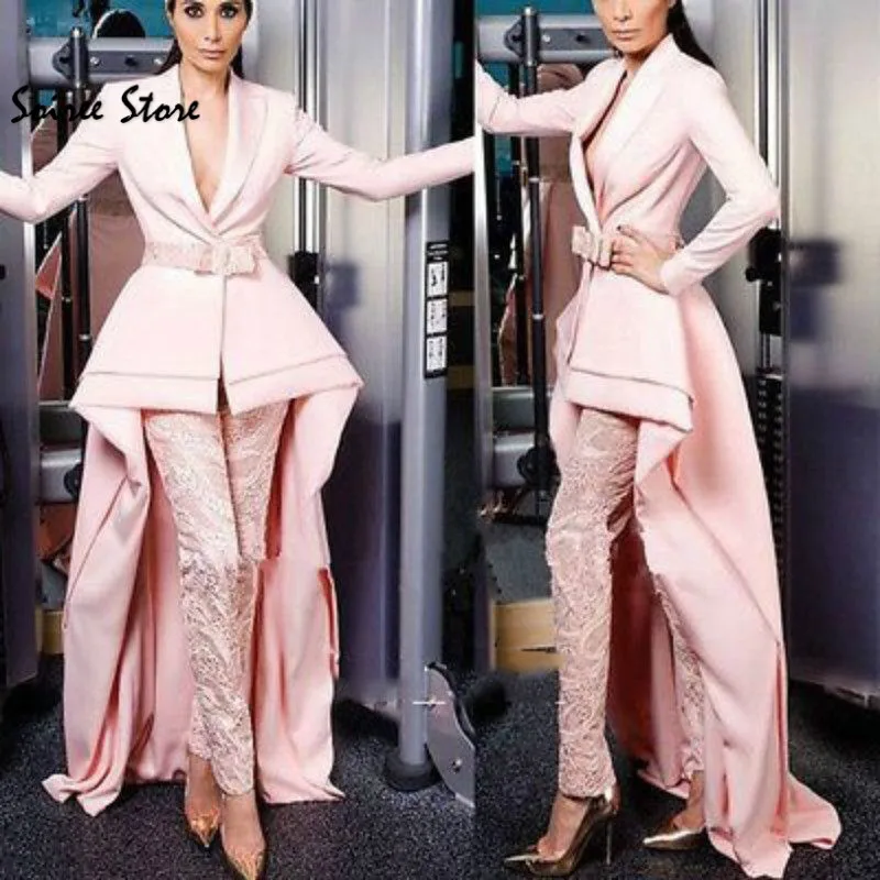 Top Trends: Chic Pink Jumpsuit Prom Dresses Sexy V Neck Overskirt Satin Long Sleeves Evening Dress Modern Dubai Formal Evening Pant Gowns Shoppable Styles