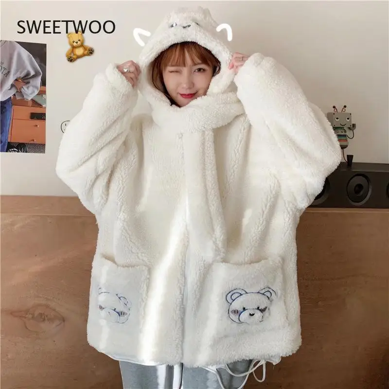 Top Trends: 2021 Autumn And Winter Plus Velvet Thickening Cute Bear Lamb Wool All-Match Jacket Women Loose Plush Plush Hooded Wool Cardigan Shoppable Styles