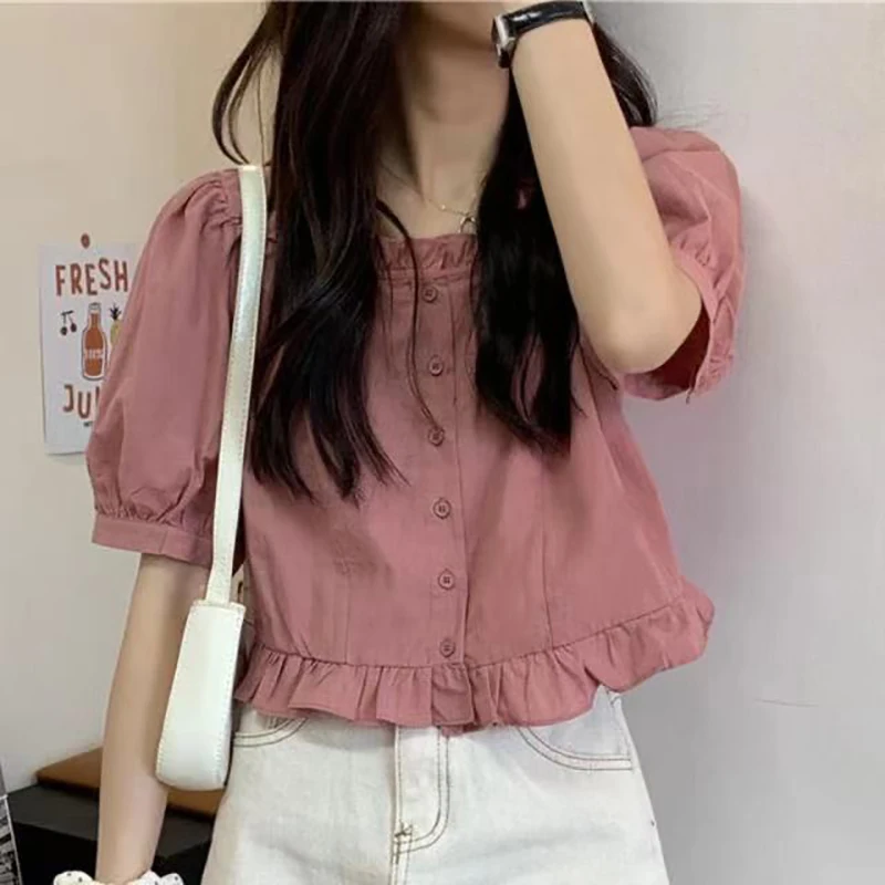 Top Trends: Ruffles Cute Shirt Women Button Up Shirt Summer Blouse 2023 High Waist Puff Sleeve Crop Top Pretty White Youth Clothing Elegant Shoppable Styles