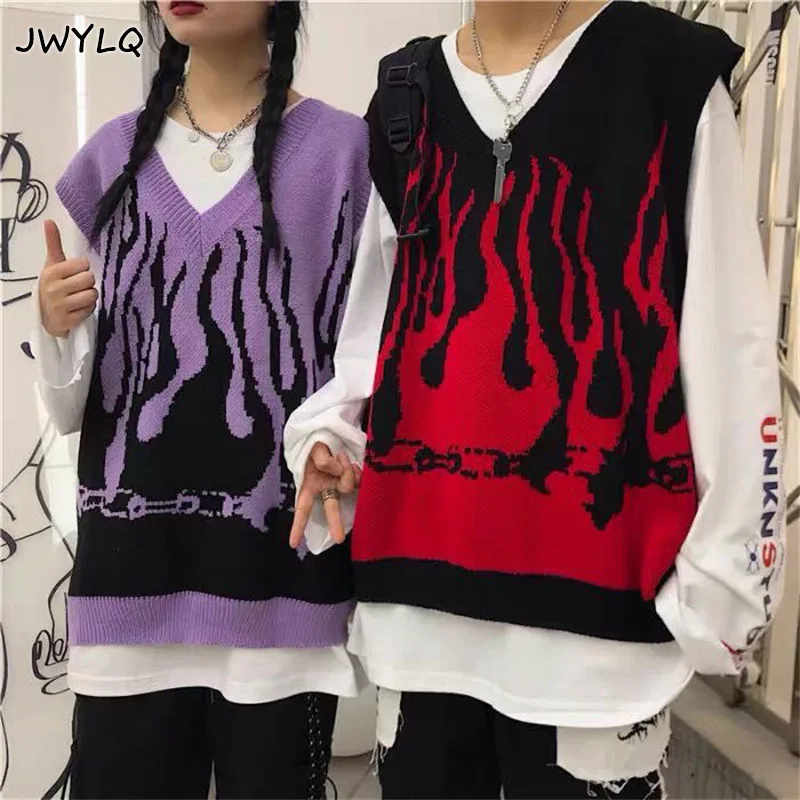 Top Trends: Couples Knitted Vest Sweater Autumn Hit Color Flame Sleeveless V Neck Woman's Vests 2022 Loose Waistcoat Chic Oversized Sweaters Shoppable Styles