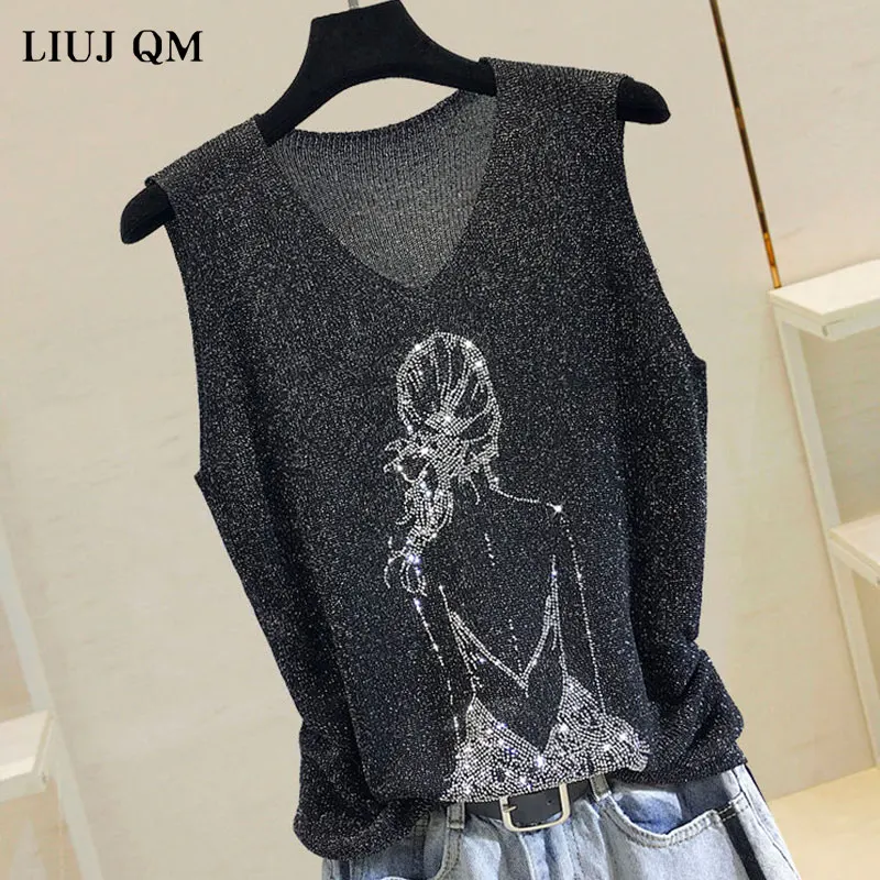 Top Trends: 2024 Summer Tank Top Women Thin Bright Silk Knitted Shirt Women&#039;s Fashion Girl Rhinestones Sleeveless Vest Outwear Female Tops Shoppable Styles