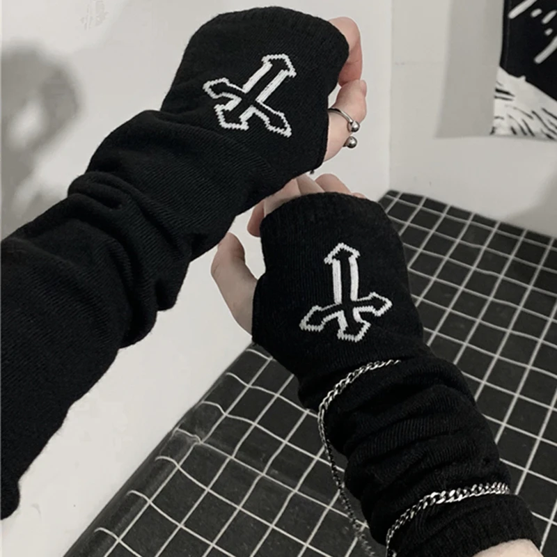 Top Trends: Ruibbit Gothic Harajuku Punk Style Black Cross Half Finger Long Glove Women Knit Length Sleeve Fingerless Gloves Streetwear Shoppable Styles