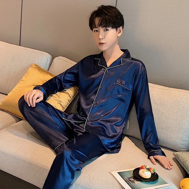 Top Trends: Spring Men Long Sleeve Pajamas Set Solid Satin Homewear Silk Man Sleepwear Suit Casual Turn-Down Collar Pyjamas Male Sleep Tops Shoppable Styles