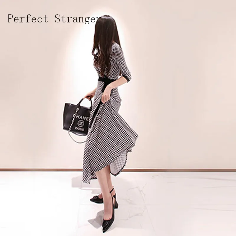 Top Trends: 2021 Spring Summer New Arrival Hot Sale V Collar Three-quarter Sleeve Plaid Women Jag Long Dress Shoppable Styles - Image 3