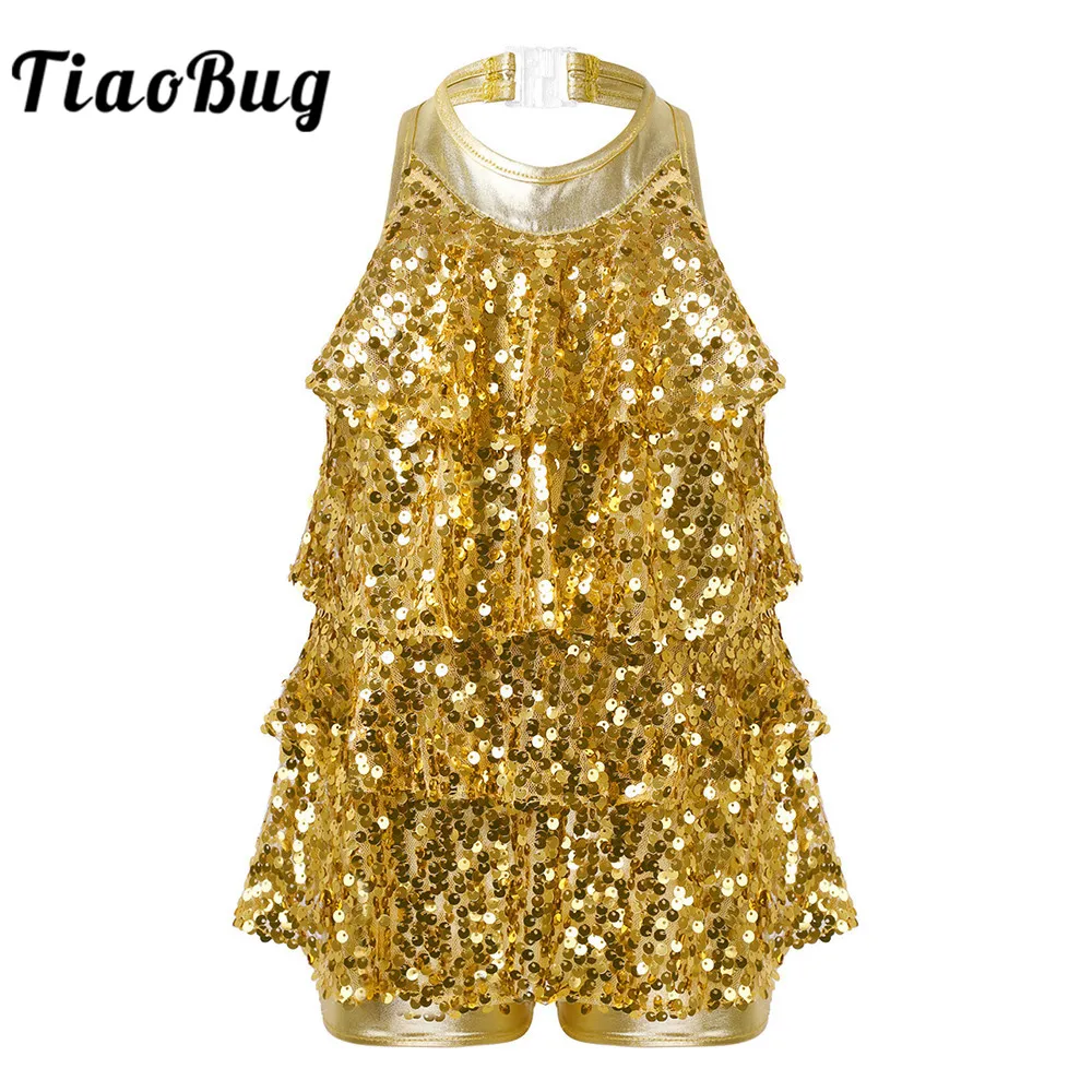 Top Trends: Kids Halter Shiny Sequins Gymnastics Shorty Unitards Dress Girls Ballet Leotard Stage Performance Latin Jazz Dance Costume Shoppable Styles