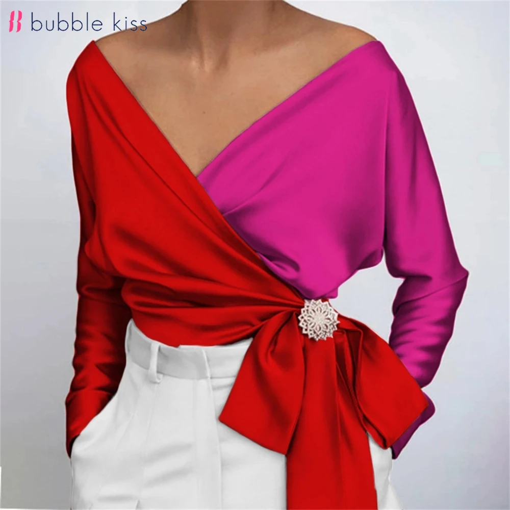 Top Trends: BubbleKiss Satin Blouse Women Fashion Patchwork Print Blouses Sexy Deep V Neck Long Sleeve Belted Tops Elegant Female Shirts Shoppable Styles - Image 3