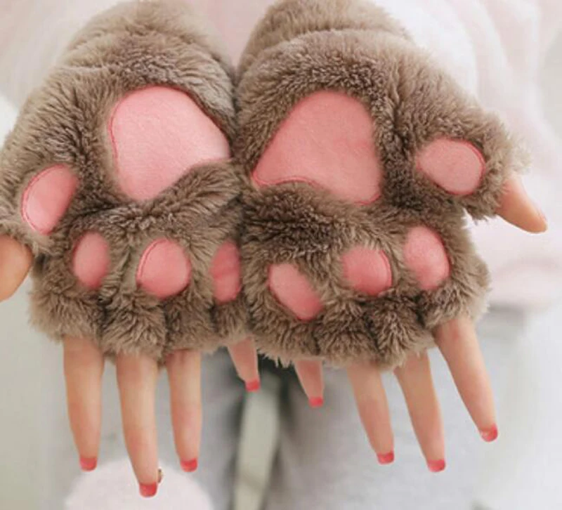 Top Trends: New Women Cute Cat Claw Paw Plush Mittens Warm Soft Plush Short Fingerless Fluffy Bear Cat Gloves Costume Half Finger Party Gift Shoppable Styles