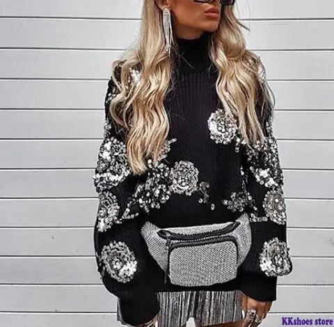 Top Trends: 2020 Women Sequined Flower Knitted Sweater Loose Turtleneck Sequins Beading Pullovers Sweater Winter Thick Black Tops Shoppable Styles