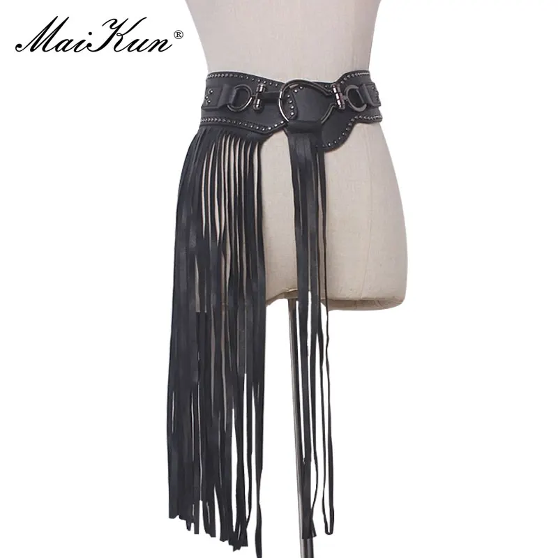 Top Trends: Luxury Design Maikun Punk Goth Belts For Women Personality Long Tassels Skirt Fashion Rivet Wide Elastic Black Female Belt Shoppable Styles