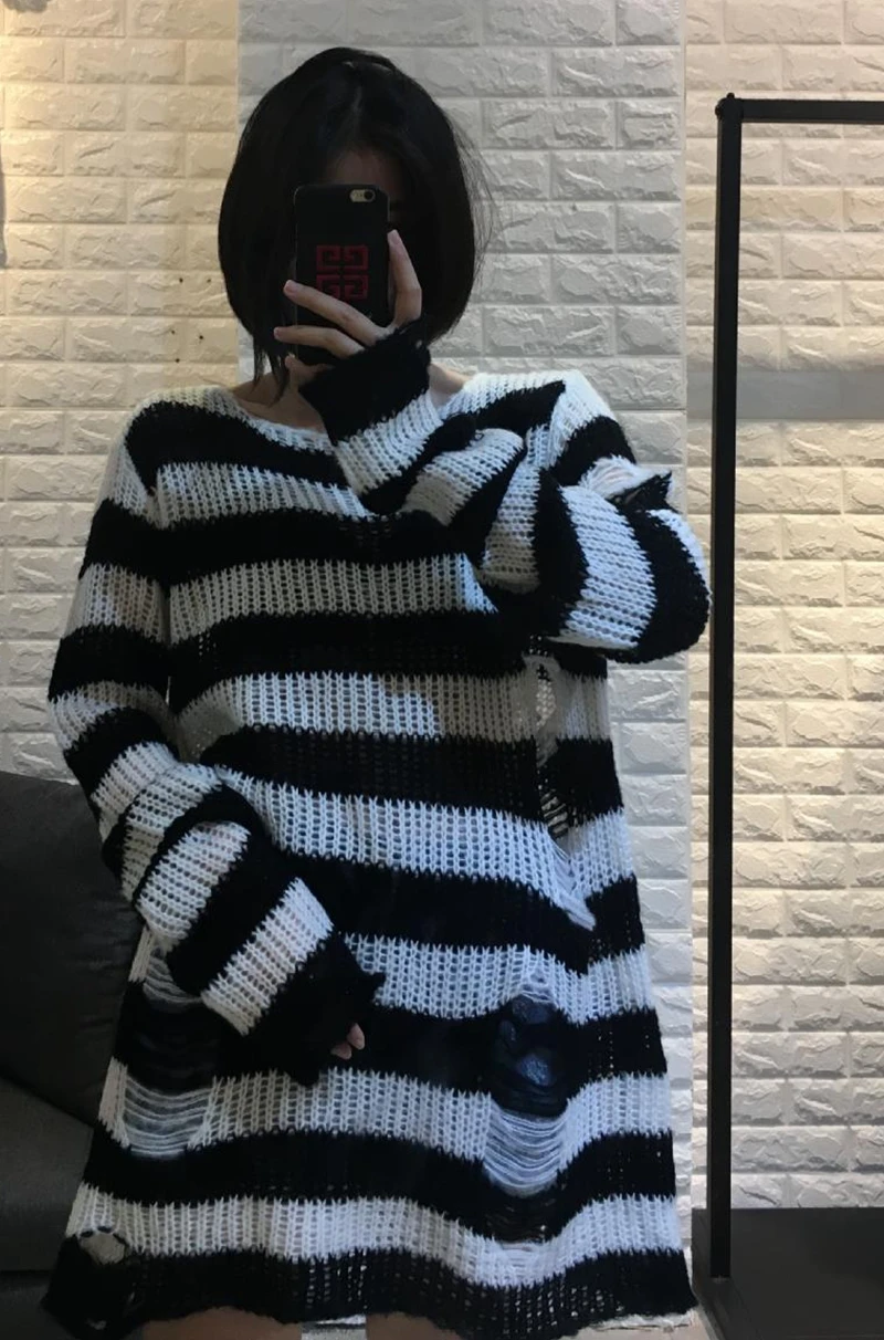 Top Trends: Women Punk Gothic Striped Hollow Out Sweater Color Block Long Sleeve Ripped Oversized Pullovers Retro Casual Knitted Jumpers Shoppable Styles - Image 5