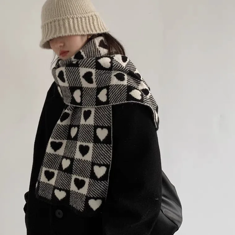 Top Trends: Wool Knitted Scarf Love Heart Scarf Black White Plaid Scarf Thickened Warm Winter Women's Scarves Christmas New Year Gifts Shoppable Styles