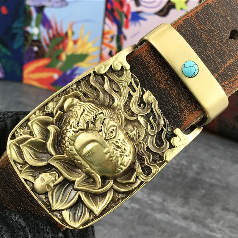 Top Trends: Buddha Brass Belt Buckle Leather Belt Men Ceinture Jeans Cowboy Man Belt Leather Genuine Riem Belt Male Cinturon Waist MBT0073 Shoppable Styles