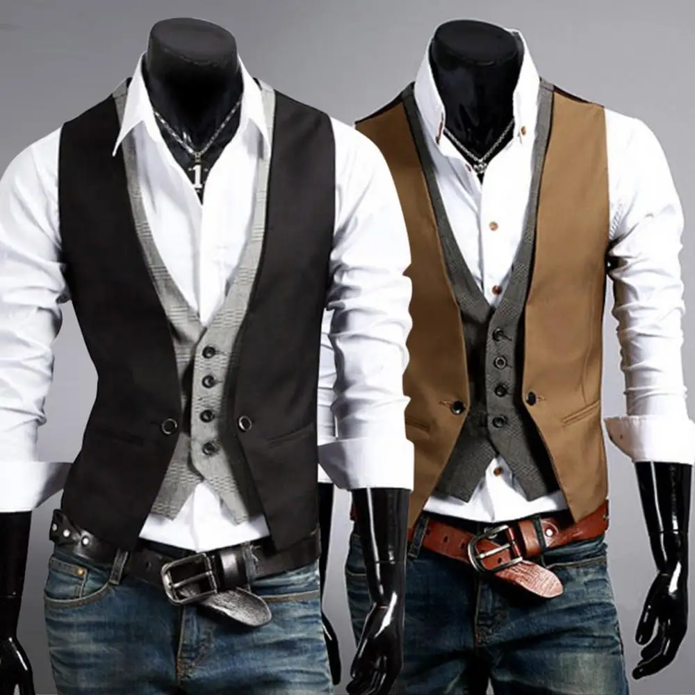 Top Trends: Men Formal Waistcoat Vest Business Solid Color Single Button Vest Gilet Fake Two-pieces V Neck Casual S-lim Chalecos Para Hombre Shoppable Styles - Image 3