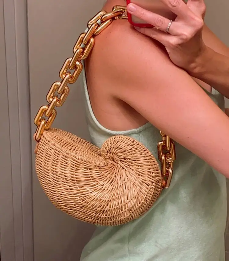 Top Trends: Fashion Thick Chains Rattan Conch Women Shoulder Bags Design Wicker Woven Handbags Luxury Summer Beach Straw Bag Bali Purse 2023 Shoppable Styles