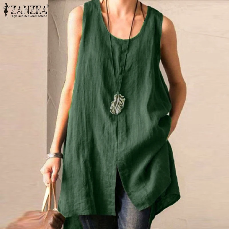 Top Trends: 2023 Summer Sleeveless Split Tanks Tops ZANZEA Women Cotton Linen Blouse Vintage Solid Party Shirt Female Blusas Tunic Tops Tee Shoppable Styles