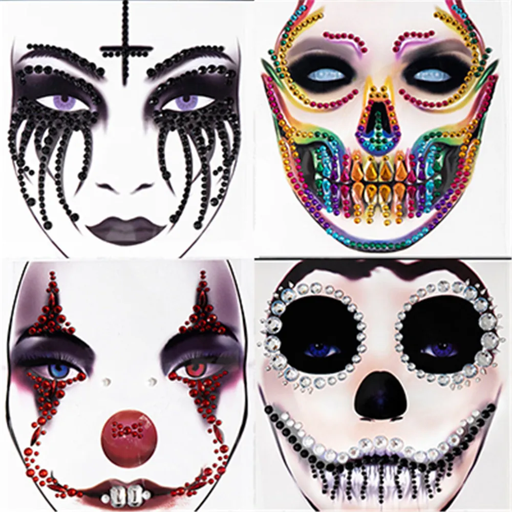 Top Trends: 1 Pcs Halloween Body Art Makeup Party Festival Skull Bone Face Jewel Makeup Sticker For Carnival Night Clubbing Holiday Gift Shoppable Styles