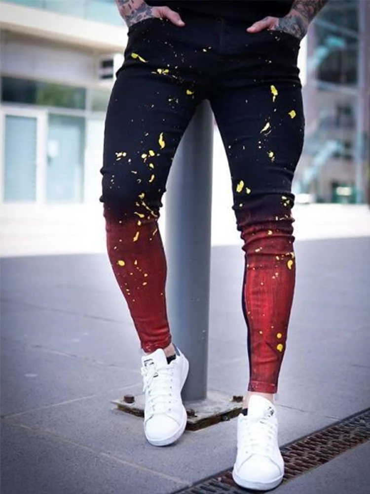 Top Trends: Black Red High Street Gradient Mens Hip Hop Paint Jeans Denim Fashion Biker Slim Fit Ripped Skinny Jeans Men Size S-3XL Shoppable Styles