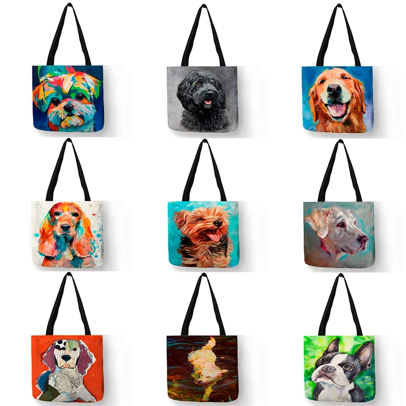 Top Trends: Exclusive Oil Painting Dog Print Shopping Bags For Groceries Papillon Pug Retriever Print Women Handbag Shoulder Large Capacity Shoppable Styles