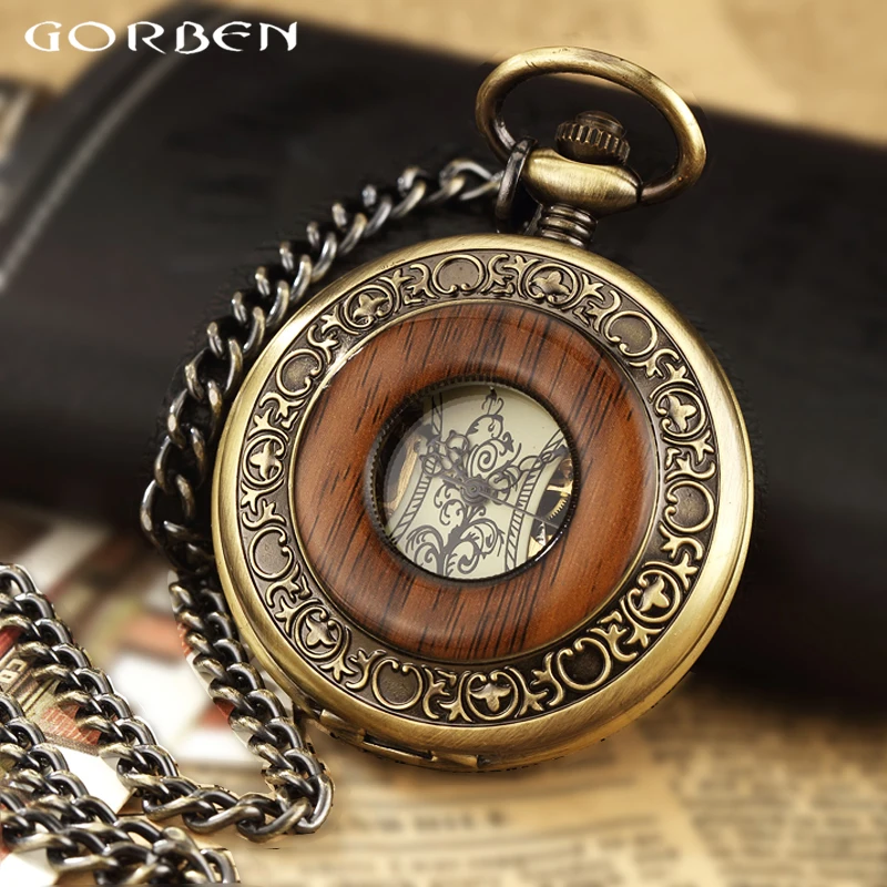 Top Trends: Solid Wood Mechanical Pocket Watch FOB Chain Locket Dial Hollow Steampunk Skeleton Men Women Mens Male Clock Watches Box Package Shoppable Styles